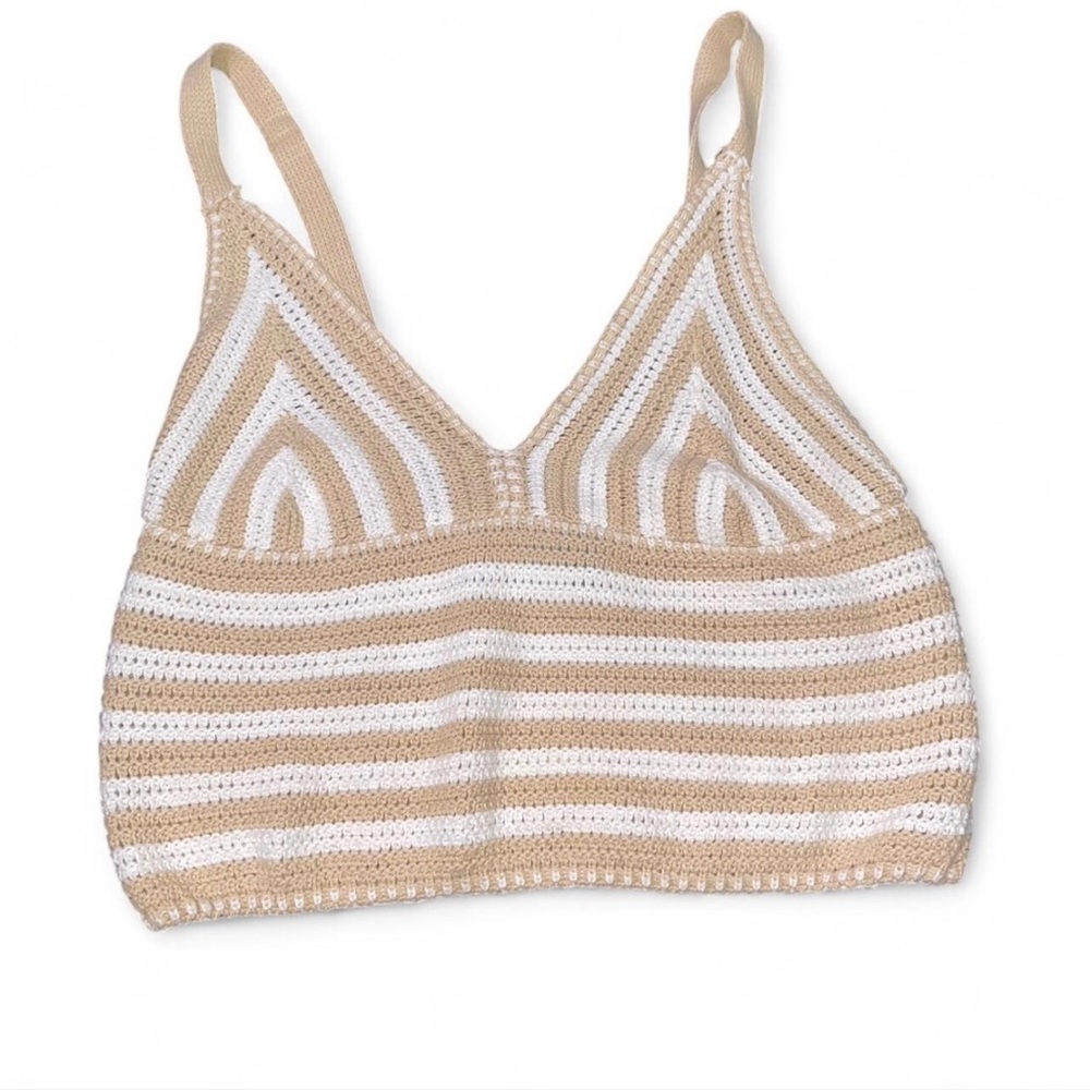 Striped Crochet Bralette - Tan and White